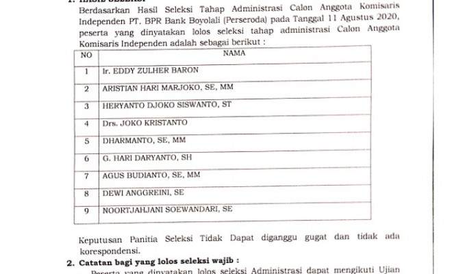 HASIL SELEKSI ADMINSTRASI CALON ANGGOTA KOMISARIS INDEPENDEN PT. BPR BANK BOYOLALI ( PERSERODA ) K...